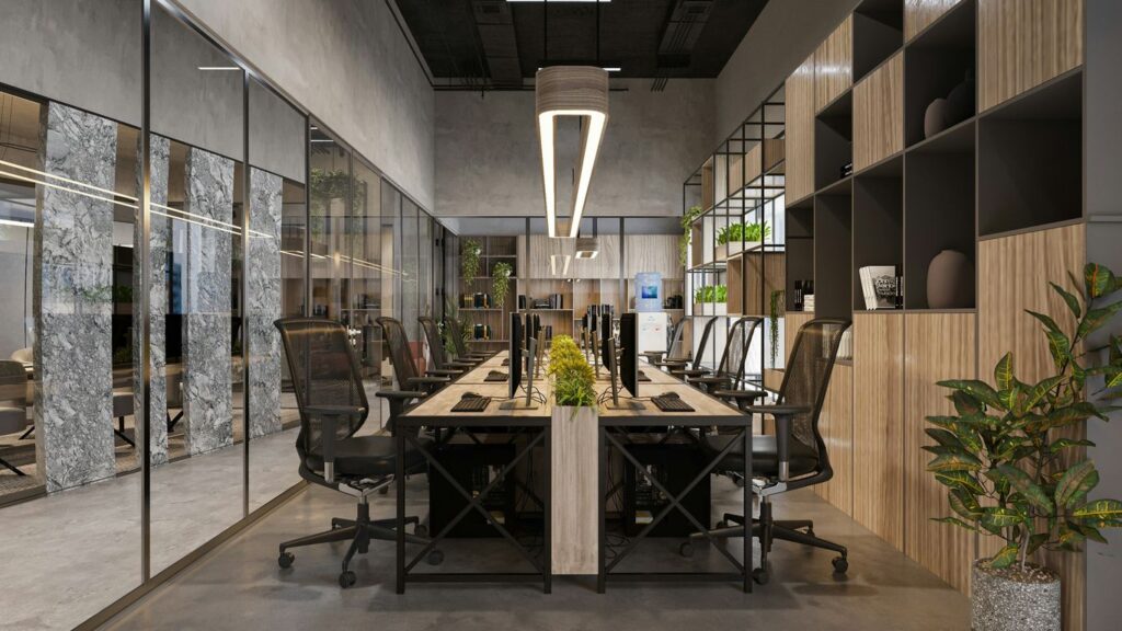 a large conference room with a long table and chairs